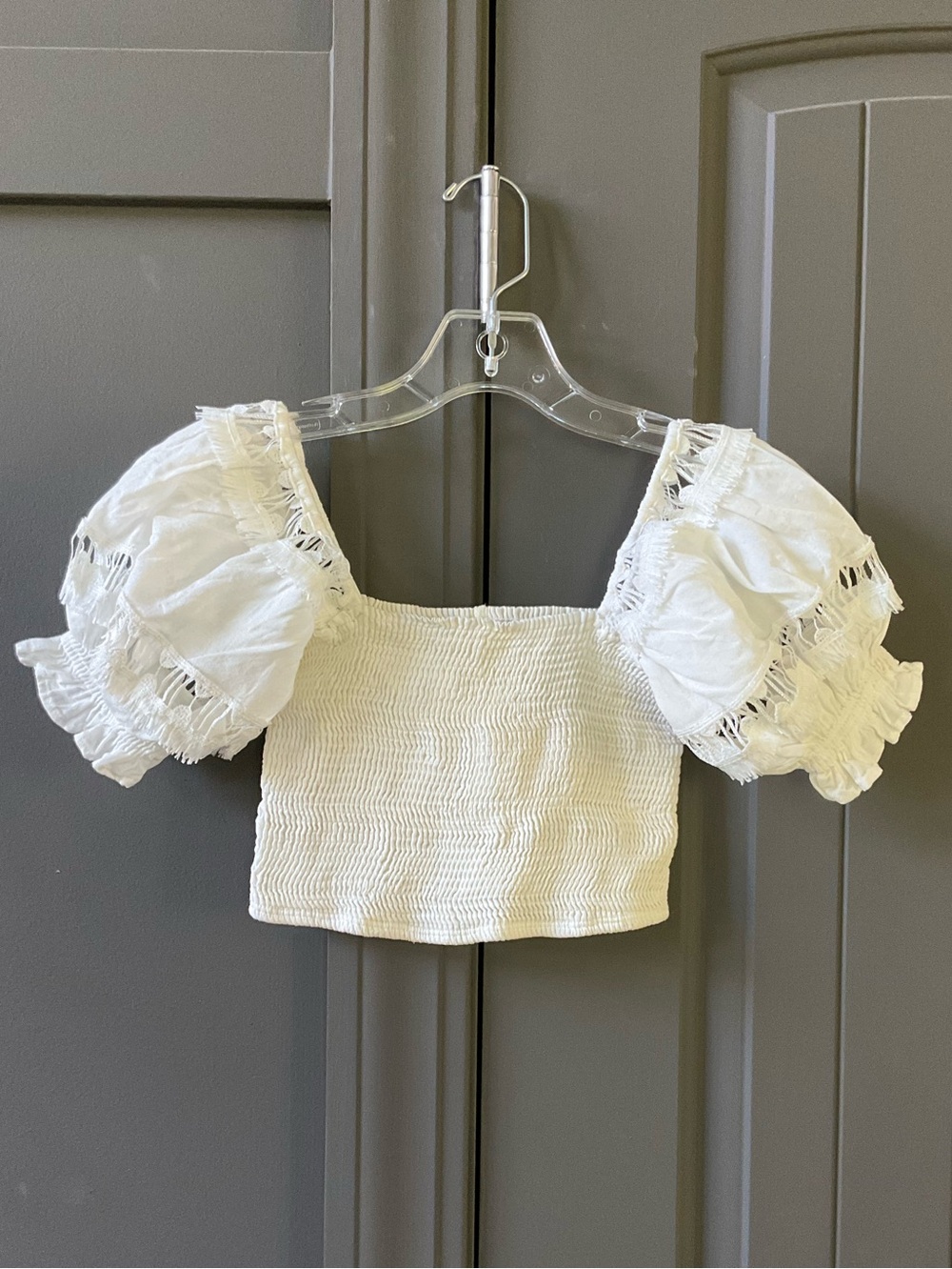 PEIXOTO White Puff-Sleeve Smocked Crop Top